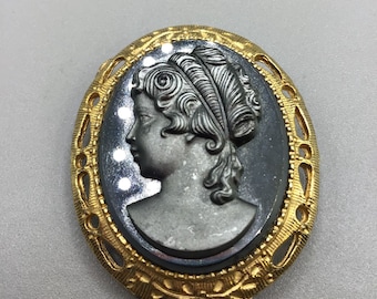 Black Glass Cameo Brooch Gold Tone Frame Raised Lady Profile Pin Necklace Clasp