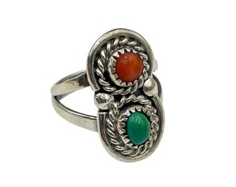 Benson Yazzie Navajo Ring Size 7 Coral & Green Turquoise Silver Native American