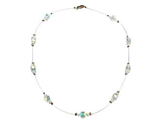 Aurora Borealis Crystal Necklace Spaced Station Delicate Silver 925 Clasp