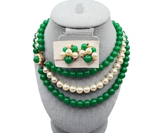 Vintage Beaded Necklace Faux Pearls Green Beads Triple Strand With Clip On Earrings