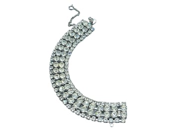 Vintage Wide Clear Rhinestones Bracelet Sparkly All Prong 4 Rows Push In Clasp