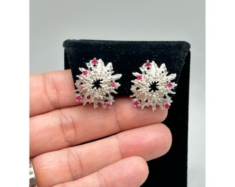 Vintage Clip On Earrings Silver Tone Brutalist Abstract with Red Rhinestones