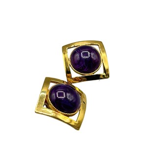 Vintage Statement Stud Earrings Flawed Amethyst Cabochon Pierced Matte Gold Tone