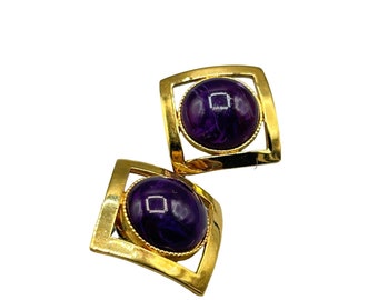 Vintage Statement Stud Earrings Flawed Amethyst Cabochon Pierced Matte Gold Tone