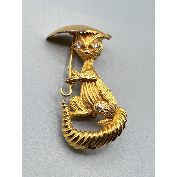 Signed Lemur Brooch Oriental Animal with Umbrella Gold Tone Signed Unknown Maker