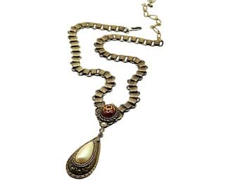 Vtg Bookchain Necklace Antiqued Gold Tone Faux Pearl Drop Topaz Color Cabochon