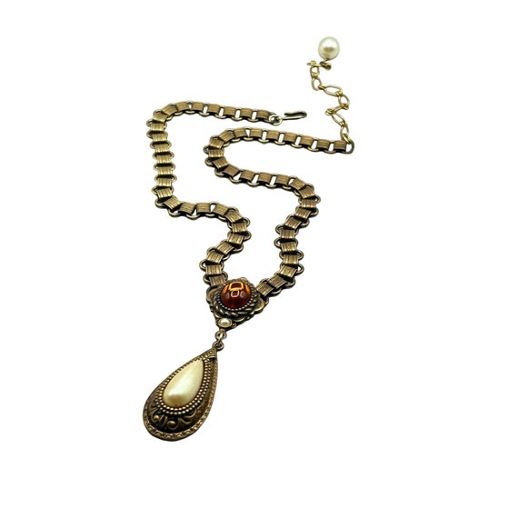 Vtg Bookchain Necklace Antiqued Gold Tone Faux Pea