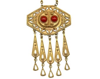 Vintage Coro Gold Tone Statement Necklace With Red Stone Openwork Dangle Pendant