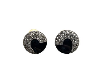 Sterling Silver and Marcasite Button Clip On Earrings Black Circle Round Stone