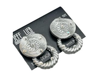 Jeff Lieb Silver Clip On Door Knocker Earrings with Rhinestone Removable Dangles
