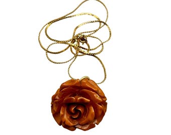 Carved Bakelite Rose Pendant Necklace Gold Tone Chain Vintage Jewelry Statement