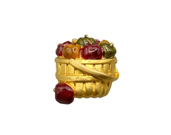 Signed TC Basket with Apples Pin Brooch Gold Tone Metal Red Green Enamel Apples