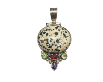 Vintage Dalmatian Jasper & Gemstone Pendant Sterling Silver 925 Black White