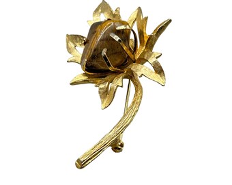 Vintage Flower Pin Brooch Gold Tone Brown Tiger Eye Nugget Stone Costume Jewelry