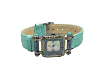 Heidi Daus Square Crystal Watch w Turquoise Green Leather Band & Roman Numerals