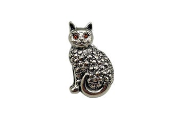 Vintage Cat Tack Pin Faux Marcasite Rhinestones & Red Eyes Brooch Silver Tone