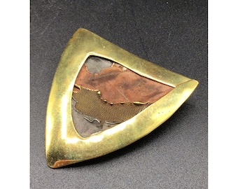 Brutalist 70s Mixed Metals Copper Brass Silver Triangular Brooch with Mesh Layer