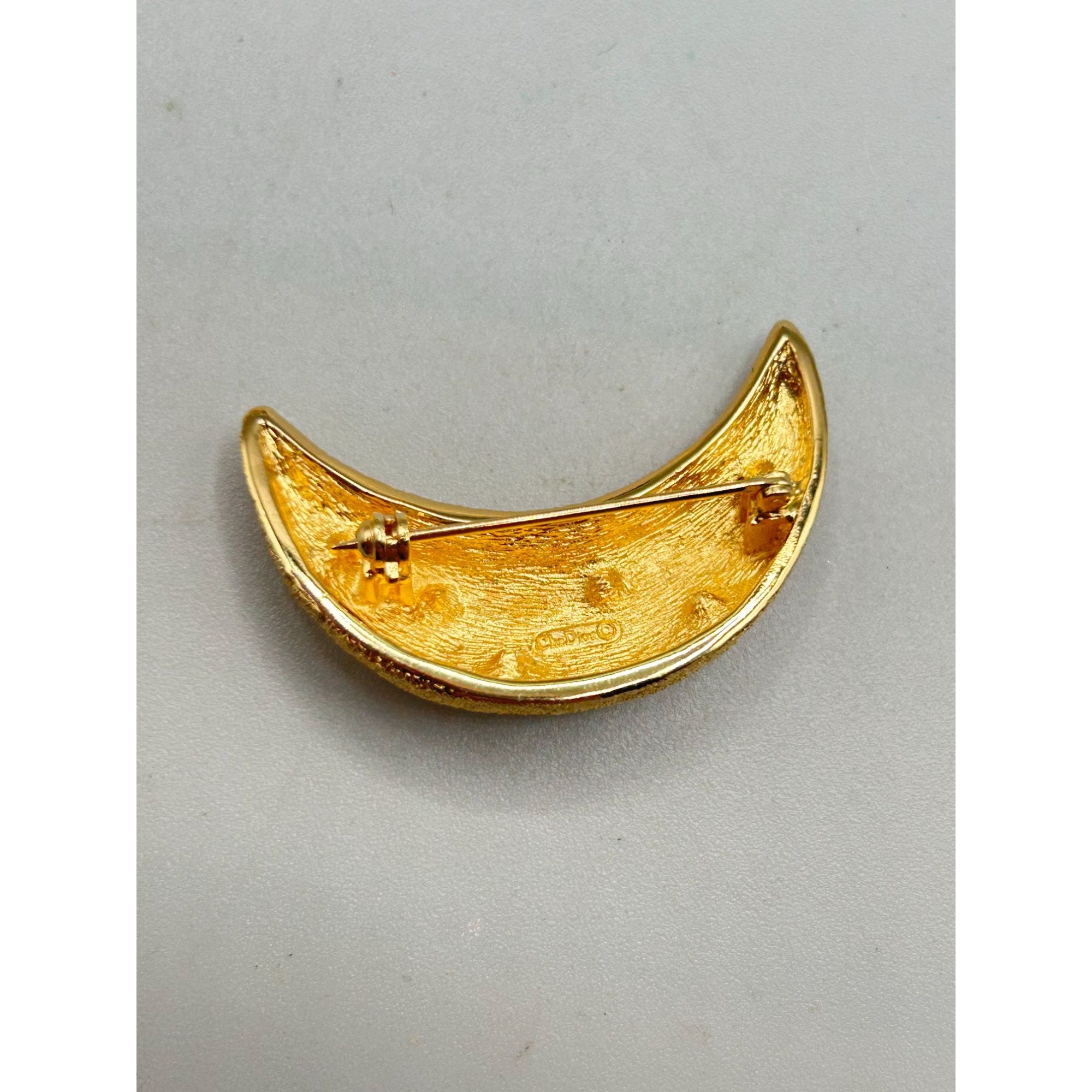 Vintage Christian Dior Moon Brooch Textured Gold Tone