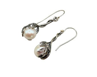 Pearls Earrings Israel Or Paz Sterling Silver 925 Leaf Vive Foliage Design Hooks Drops