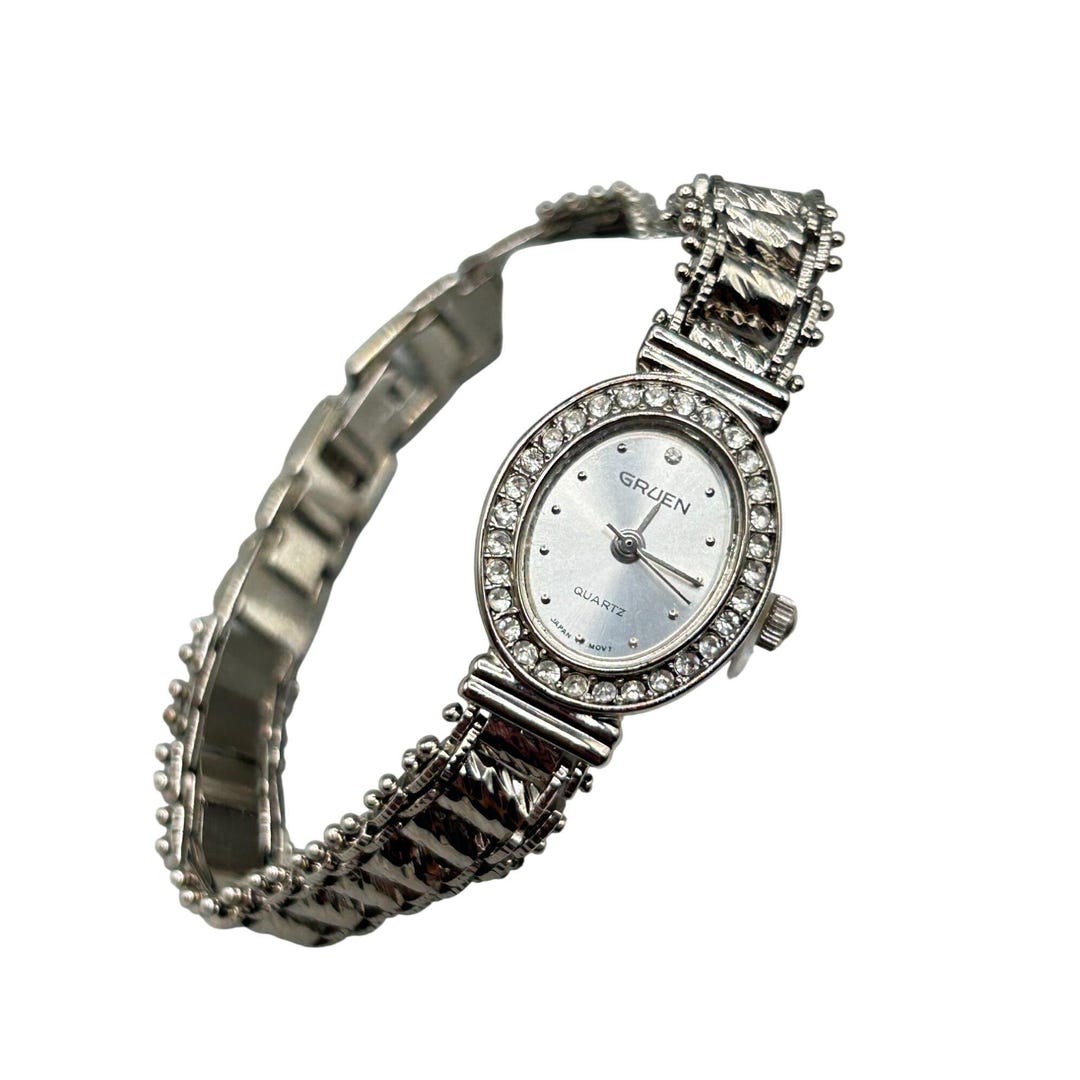 Gruen Silver Quartz Watch with Crystal Accents Ladies Gruen Silver Tone Crystal Accent Bezel Big Face  main image 2