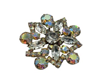 Vintage Rhinestones Pin Brooch Aurora Borealis Sparkling All Prong Set Stones