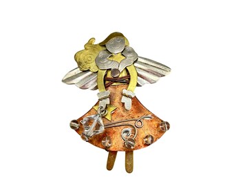 Mixed Metals Angel Pin Brooch Gold Silver Brass Color Metal Handcrafted Girl Pin