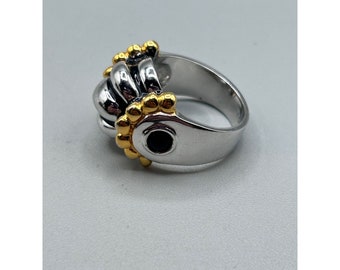 Vintage Silver & Gold Tone Ring Size 7 Scalloped Design Black Cabochons Accents