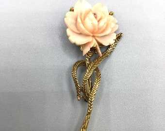 Vintage Flower Rose Pin Brooch with Stem Pink & Gold Tone Retro Costume Jewelry