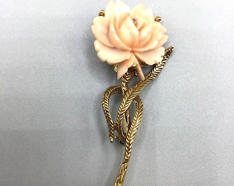 Vintage Flower Rose Pin Brooch with Stem Pink & Gold Tone Retro Costume Jewelry