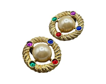 Vintage 80s 90s Fashion Clip On Earrings Jewel Tones Cabochons & Faux Pearls
