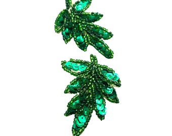 Vintage Sequins Earrings Green Hand Sewn  Leaf Earrings Studs Pierced
