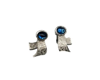 Vintage Trifari Silver Tone Ribbon Earrings with Blue Cabochon Accents