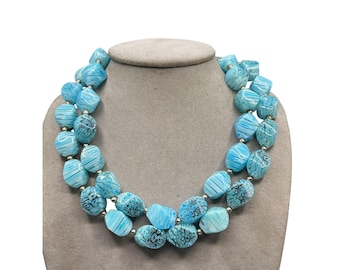 Chunky Millefiori Glass Necklace Beaded Turquoise Color Double Strand Big And Bold