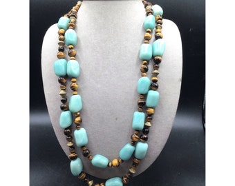 Chunky Stone Necklace Tiger Eye & Blue Stone Beads Double Strand Necklace