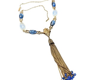 Sadie Green Etched Glass Beads Necklace Blue Gold Foxtail Chain Tassel Nouveau