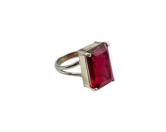 Sterling Silver Ring with Large Red Glass Stone Size 7 Ruby Red Rectangular Ring