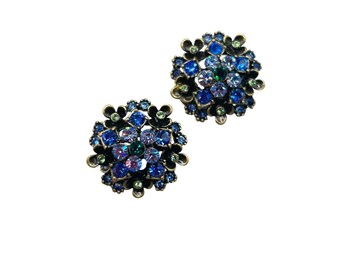 LA VINTAGE Clip On Earrings Blue Crystals Brass Tone Domed Floral Earrings