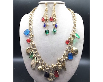 90s Funky Plastic Jewelry Set Colorful Multicolored Stones Necklace & Earrings