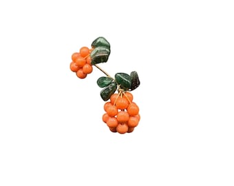Coral Earrings Beaded Clusters Berry Earrings with Jade Chips Leaf Pierced Studs