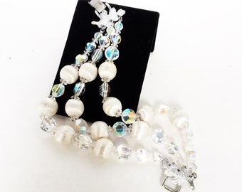 signed VENDOME crystals bracelet triple strand beaded silver tone and AB aurora borealis crystals