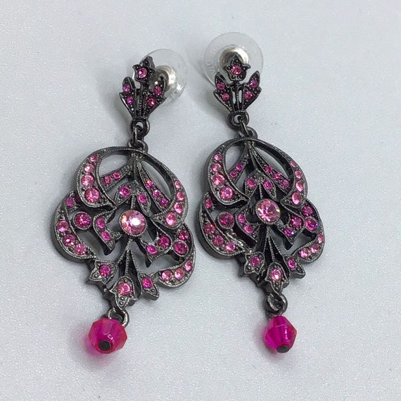 Pink Dangles Earrings Drops Rhinestones Art Nouve… - image 6
