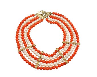 Vintage Multi-Strand Faux Coral & Pearl Beaded Necklace Gold-Tone Accents