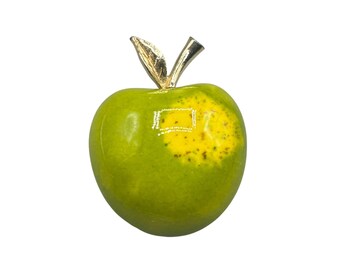 Vintage Enamel Green Apple Pin Brooch UNSIGNED RENE Gold Tone Metal