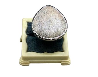 Statement Drop Ring Size 8 Chunky Silver Tone with White and Grey Glittery Stone