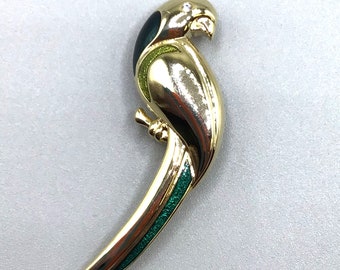 LC Liz Claiborne Parrot Brooch Green Enamel Vintage Gold Tone Bird Figural Pin