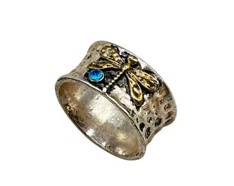 DRAGONFLY Ring Blue Stone Hammered Band Sz 8 Wide Sterling Silver 925 Vermeil