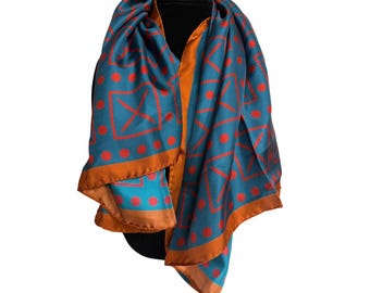 Vintage Acropolis Museum Silk Scarf Hand Rolled Square Brown And Blue