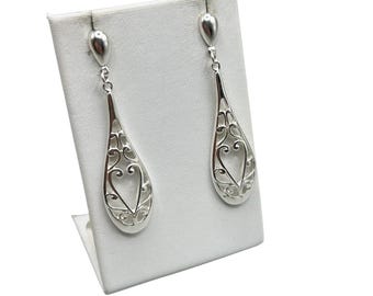 Heart Design Elongated Drops Earrings Sterling Silver Dangles Earrings Pierced