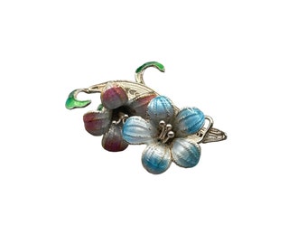 Vintage Sterling Silver Flowers Pin Filigree and Enamel Pastel Colors Pink Blue