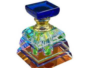 Vintage Prism Glass Perfume Bottle Square Geometric Design Rainbow Crystal Glass